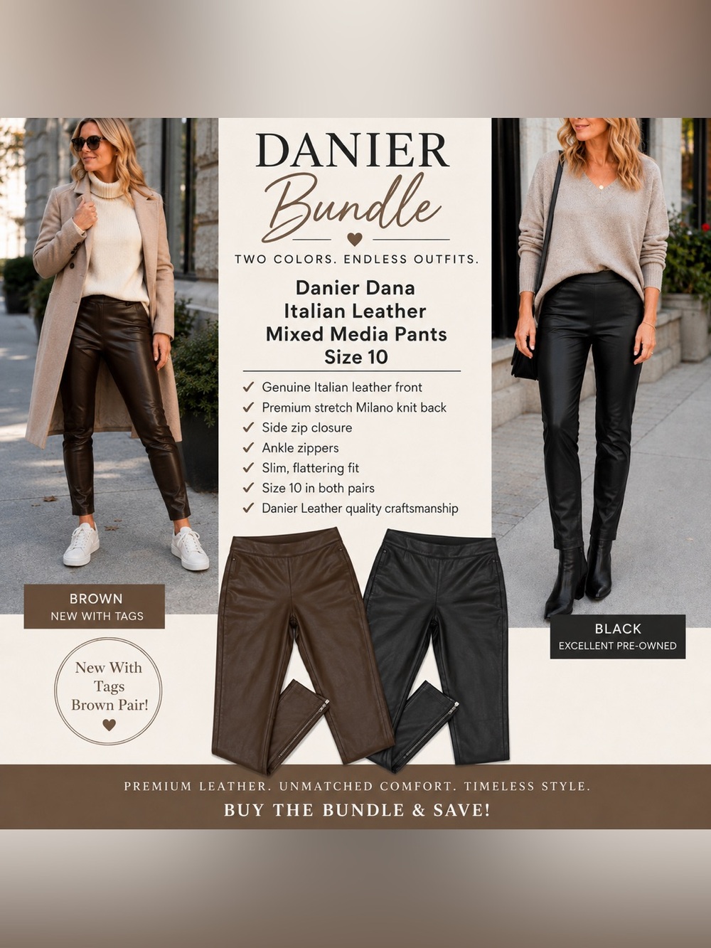 Danier Dana Italian Leather Mixed Media Pants Bundle - Black & Brown size 10